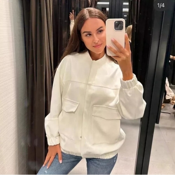 New Zara Longline Patch Pockets Oyster White Bomber Jacket Blogger Fav Small - Picture 4 of 17